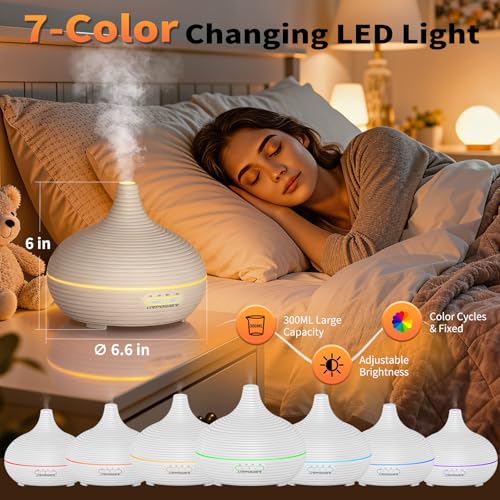 URPOWER 300ml Sleep Diffuser for Bedroom, All-Night Essential Oil Diffuser, Quiet Ultrasonic Cool Mist, Auto-Off & Timer, ...