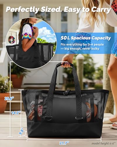 OnWander Large Mesh Beach Tote Bag - 50L Pool Bags with 2 Inner Zipper Waterproof Pockets for Swim Toys Towels Travel