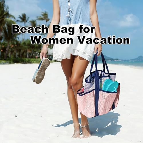 CaCTPUR Beach Bag with Cooler,Mesh Beach Bag for Women Cruise Pool,Packable Sandproof Travel Tote Bag with 8 Pockets