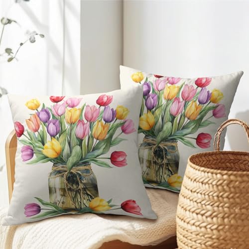 Anyako Spring Summer Colorful Flowers Throw Pillow Covers 18X18 Inches Set of 2 Tulip Floral Mason Jar Pillowcase Soft Cot...