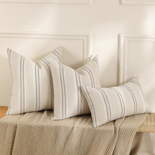 Hckot Throw Pillow Covers 20x20 Set of 2 Striped Pillow Covers Textured Linen Decorative Pillows Square Cushion Covers for...