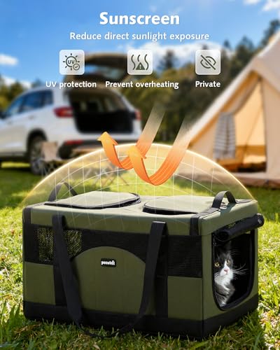 Pecute Dual Compartment Pet Carrier for Multi-Cat Families & Small Dog Owners, Collapsible Dog Crate with Reinforced Steel...
