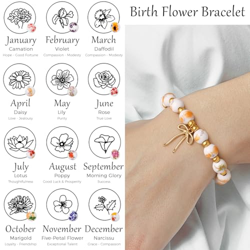 Vinswet Birth Flower Bracelets, Beads Bow Charm Bracelet for Women Vintage Birth Month Floral Birthstone Bracelets Birthfl...