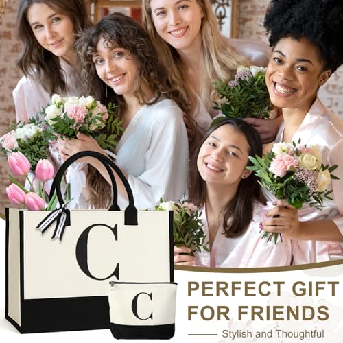GENGBIN Personalized Canvas Tote Bag for Women Makeup Pouch Initial Beach Bag Removable Bottom Board for Travel Birthday
