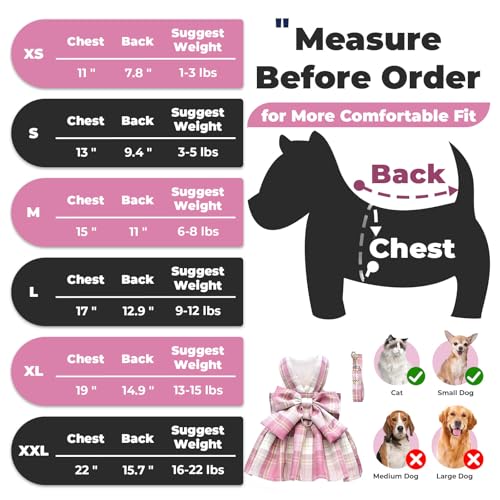 PETCARE Plaid Dog Dress Bow Tie Harness Leash Set for Small Dogs Cats Girl Cute Princess Dog Dresses Spring Summer Puppy B...