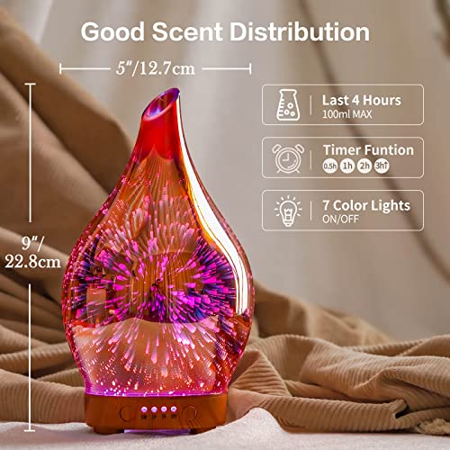 Porseme 150ml Essential Oil Diffuser Hand-Blown Glass Aroma Diffusor, Aromatherapy Unltrasonic Cool Mist deffuser, 7 Color...