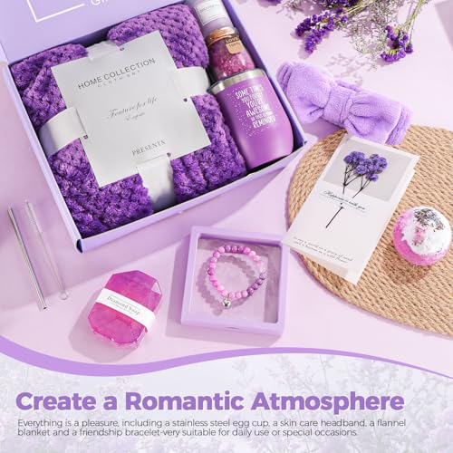 MEINESQIS Birthday Gifts for Women Gift Basket, Lavender Spa Gift Set with Cozy Flannel Blanket, Self Care Care Package Gi...