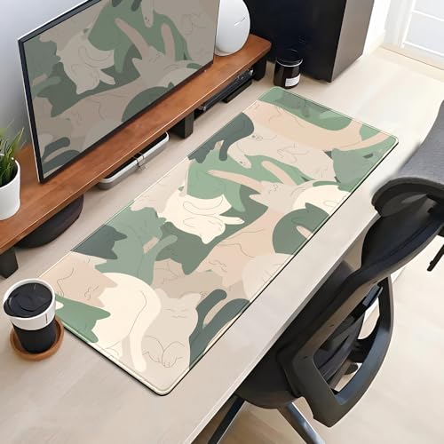 Green Simple Cat Desk Mat Sleeping Cute Long Cool Mouse Pad for Laptop Gaming Computer Keyboard Pad Office Decor Desk Pads...