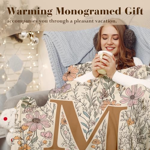 JXREQ Throw Blanket Initial Letter M Personalized Monogrammed Gifts for Women Teen Girls Frends, Boho Floral Throw Blanket...