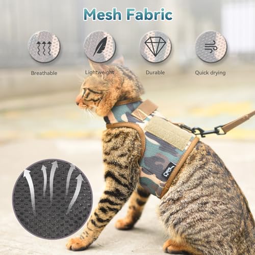 Yizhi Miaow Tactical Cat Harness and Leash for Walking Escape Proof Breathable Mesh Fabric, Green Jungle Camo, Large, Adju...