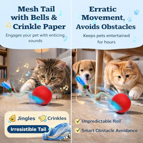 GlowPounce Interactive Rolling Ball Toy for Indoor Cats & Small Dogs – Motion-Activated Smart Moving Ball with LED Lights...