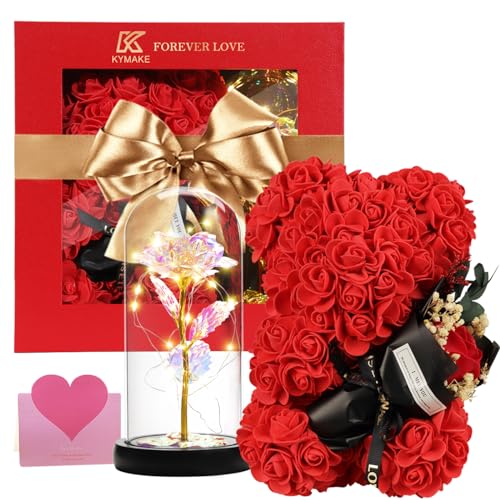 Mothers Day Rose Gifts for Mom Women Wife Girlfriend, Rose Bear & Beauty and the Beast-Inspired Rainbow Light-Up Roses Gif...