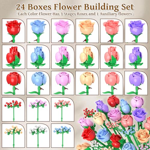 Sopu Colorful Rose Bouquet Flowers Building Set, 24 Boxes 1380Pcs Artificial Flowers Botanical Collection Flowers for Adul...