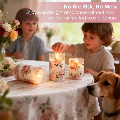 LUSHARBOR Flameless Candles with Remote, Battery Operated Glass Candles Pink Rose Flickering LED Candles Real Wax Floral C...