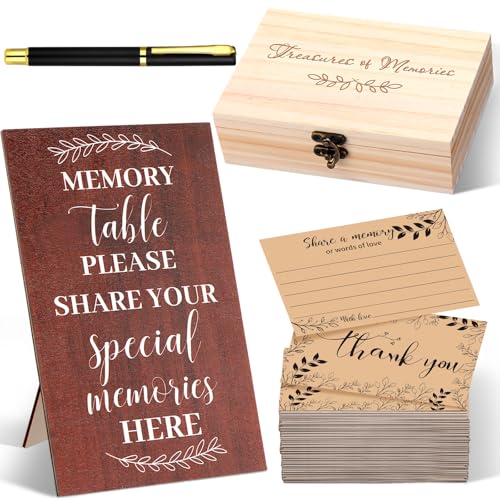 Gersoniel Celebration of Life Memory Cards Share a Memory Wood Box Funeral Wooden Table Sign with Pens 60 Pcs Memorial Car...