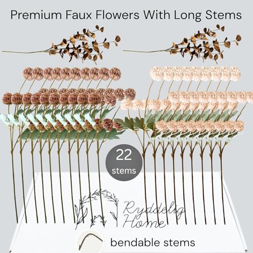 22pcs Artificial Beige & Brown Kiku Flowers with Eucalyptus Stems Bulk, Faux Silk Mum Pom Poms for Vase, Modern Farmhouse ...