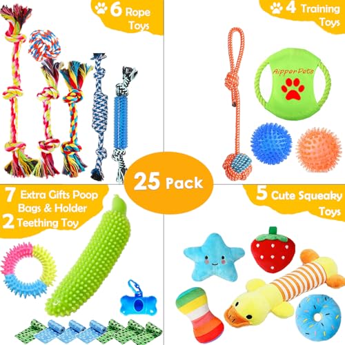 Aipper Dog Toys 25 Pack for Fun and Teeth Cleaning, Puppy Chew Toys Pack with Squeak Plush Toy,Squeaky Toy Balls,Tug of Wa...