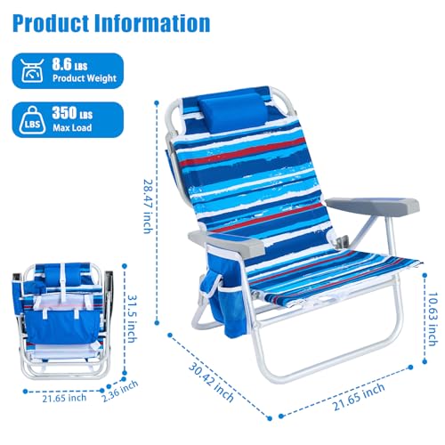 SUNNYFEEL Low Beach Chair 5 Position Lay Flat, Portable Folding Backpack Beach Chairs Heavy Duty with Cooler Bag, Cup Hold...