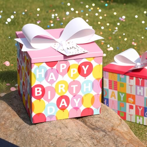 BIOBROWN Medium Birthday Gift Boxes with Lids for Presents, 9x9x9 Inches Pink Balloon Design Collapsible Gift Box for Birt...