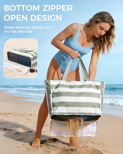 WANDF Beach Bags for Women, Large Waterproof Sandproof Beach Tote Bag with Zipper Family Pool Bags with 40oz Tumbler Pocke...