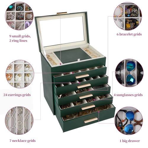 BOOVO Jewelry Box for Women, Green 6 Layer Large Jewelry Organizer with Glass Lid for Necklace, Bracelet, Earrings Storag...