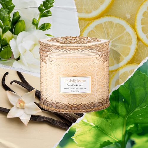 LA JOLIE MUSE Vanilla Bomb Candle – Lemon Zest, Fressia & Patchouli | 12 oz Large 2-Wick Soy Wax Candle | 60 Hours Clean B...