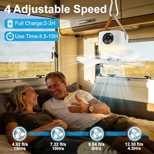 Liomus Portable Camping Fan with Lights,LED Hanging Ceiling Fan With Remote&Timer, 9.25" Wireless Rechargeable Tent Fan,4 ...