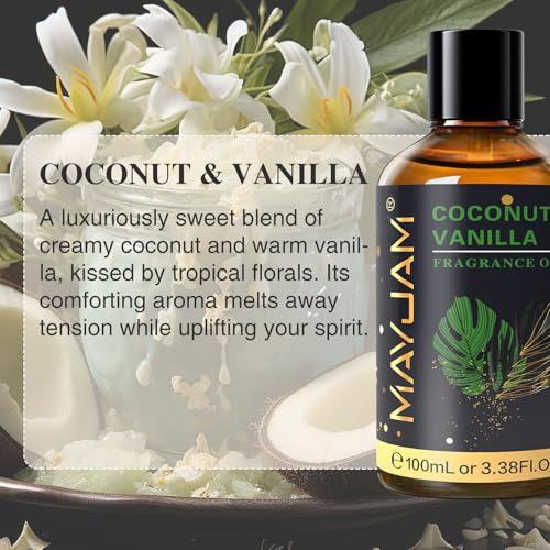 MAYJAM 100ML/3.38FL.OZ Coconut & Vanilla Fragrance Oils with Glass Dropper, Essential Oils for Diffusers for Home, Long La...