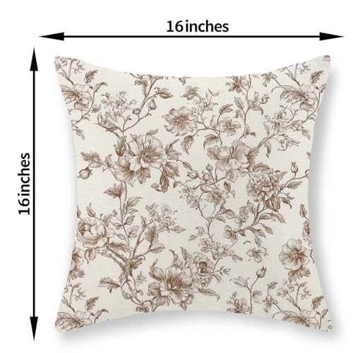 GOLIANDA Brown Pillow Covers 16x16 Set of 2 Brown and Cream Floral Chinoiserie Throw Pillows Vintage Rustic Toile Flower D...