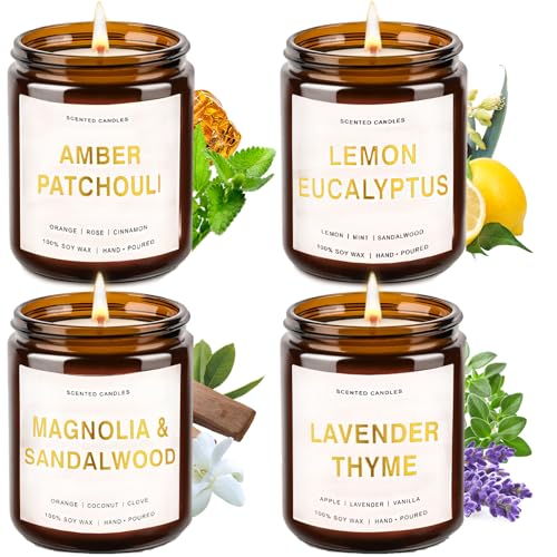 Candles for Home Scented, 4 Pack Soy Candle Non Toxic, Spring Aroma Candles with Lavender Thyme,Magnolia & Sandalwood,Ambe...