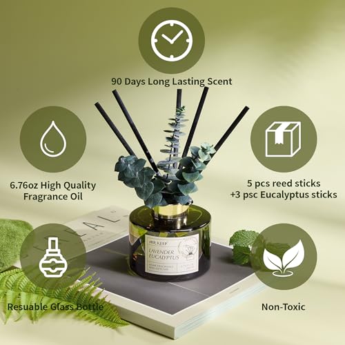Airkeep Reed Diffuser Set with 6.76 fl oz Lavender Eucalyptus Scent Essential Oils and 3 Leaves & 8 Diffuser Sticks,Bathro...