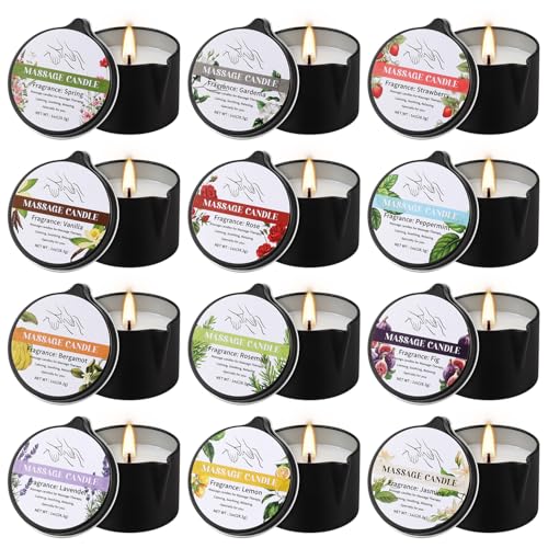 12pcs Massage Oil Candle,Moisturising Natural Soybeans Gift Sets,1oz Low Temperature Body Oil Scented Candles for Home Spa...