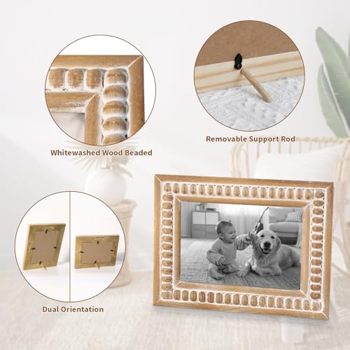 MACVAD Large Rectangular Natural Wood Picture Frame With Decorative Beads- Perfect for 5X7 Single Photos - Farmhouse Gift ...