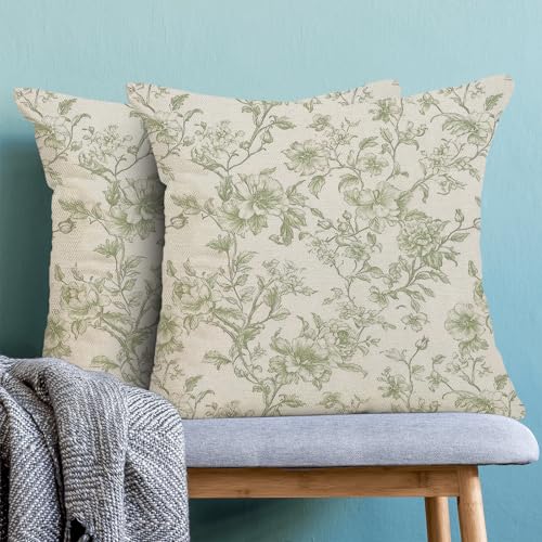 Sorktse Vintage Sage Green Pillow Covers 18x18 Set of 2 Chinoiserie Floral Throw Pillows Light Green Flower Pillowcase Lin...