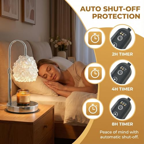 EMINLONA Candle Warmer Lamp with Timer & Dimmer, Adjustable Height Candle Lamp, Hand-Embedded Glass Crystal Lampshade, Val...