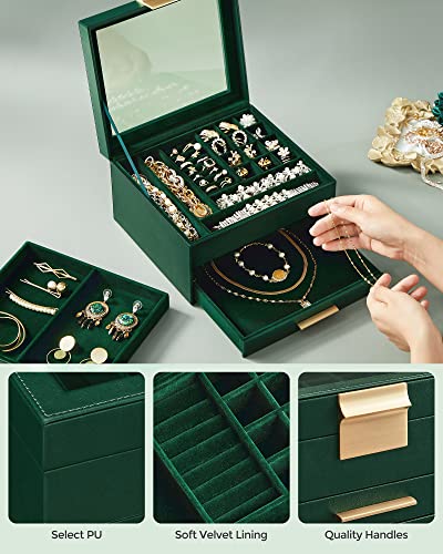 SONGMICS GISELLA Collection - Jewelry Box Organizer, 3-Layer Jewelry Storage with 2 Drawers, Shiny Metal Hardware, Glass L...