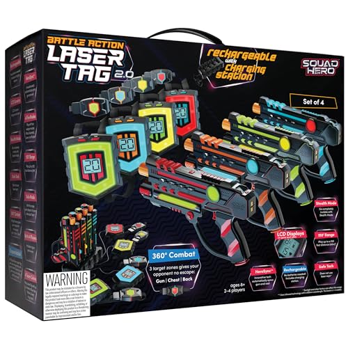 Squad Hero Rechargeable Laser Tag 360° Sensors + LCDs - Set of 4 - Easter Gift Ideas for Kids Teens and Adults Boys & Girl...