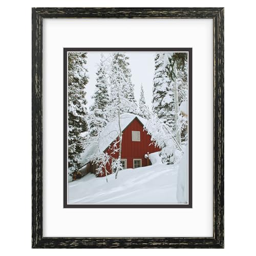 Golden State Art, 11x14 Distressed Black Wood Frame with White over Black Double Mat - Displays 8x10 Photos - Real Glass, ...