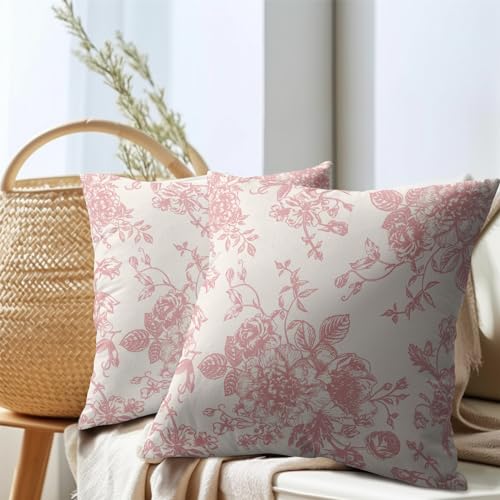 Kawani Pink and Cream Floral Pillow Covers 22x22 Inch Set of 2 Vintage Throw Chinoiserie Flower Pillowcases Farmhouse Cott...