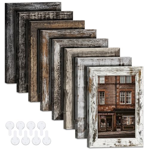 Bagous 4x6 Picture Frames Set of 8, Vintage Rustic Farmhouse Industrial Style Photo Frames, High Definition Real Glass, fo...