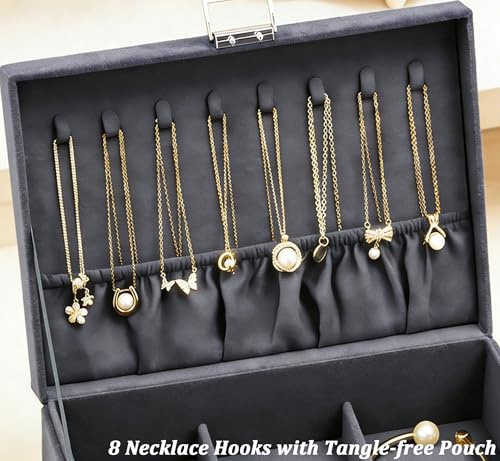 QBestry 3-Layer Jewelry Box for Women with Lock and Key & Drawer, Large Jewelry Organizer with 8 Necklace Hooks & 56 Earri...