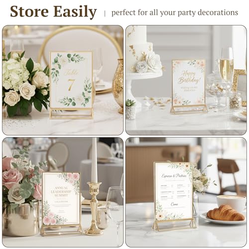 EHWINE 12 Pack Acrylic Sign Holder 4 x 6, Double Sided Gold Picture Frame Stand up Table Top Sign Holders, Clear Display S...