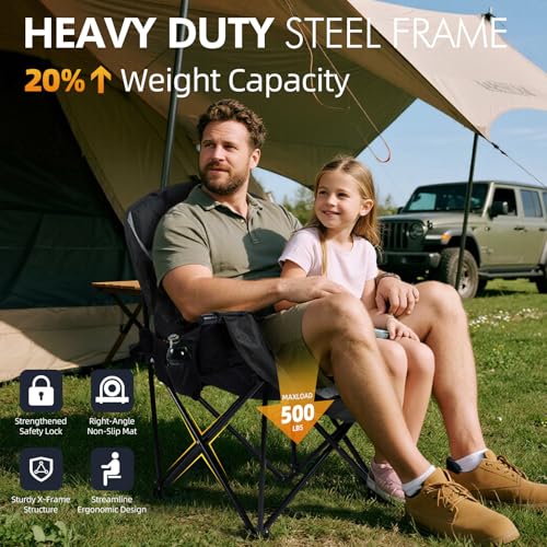 Oversized Camping Chairs for Adults - Heavy Duty Padded Outdoor Folding Lawn XL Camp Chair with Cup Holder Cooler Pockets ...