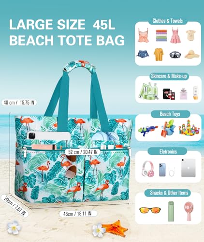 HUANLANG Large Beach Bags for Women Pool Bag with Zipper, Waterproof Sandproof Beach Tote Travel Bag with Wet Pocket | Wat...