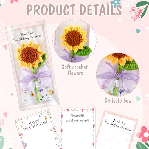 Frienda 6 Set Teacher Appreciation Gifts Crochet Flowers with Greeting Cards and Bows Knitted 5.91" Sunflowers Daisy Tulip...