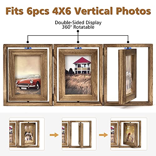 Emfogo 4x6 Picture Frame Rustic Wood Hinged Folding Triple Picture Frames Collage, Double-Sided Display Rotatable High Def...