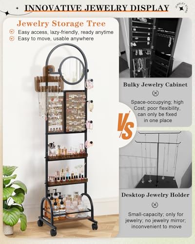 Mirror Jewelry Cabinet Standing, Jewelry Organizer and Storage with Jewelry Mirror, Jewelry Armoire with Earring Organizer...
