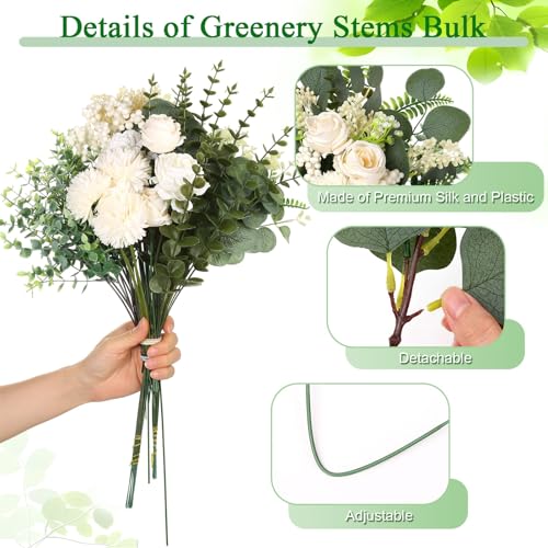 120Pcs 15 Kinds Mixed Artificial Eucalyptus Leaves Stems and Faux Flowers Bulk, Fake Silver Dollar Eucalyptus Bundle Plant...