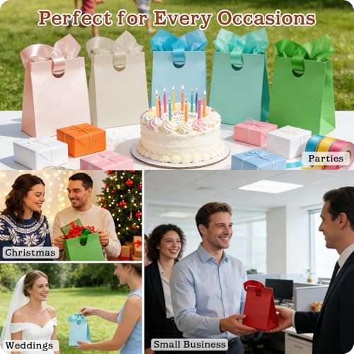 Paper Gift Bags with Ribbon Handles: 8 Pack Small Gift Bags, 8 Assorted Colors Bulk with 16 Tissue Paper, Reusable & Durab...