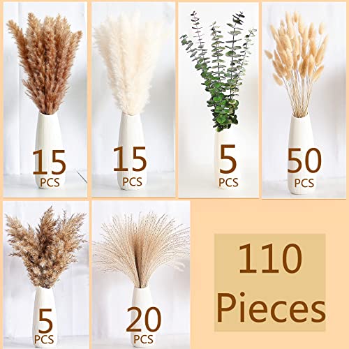 110 PCS of Boho Pampas Grass Decor, Naturally Dried Pompas, Bunny Tails Dried Flowers, and dried eucalyptus. Perfect for W...